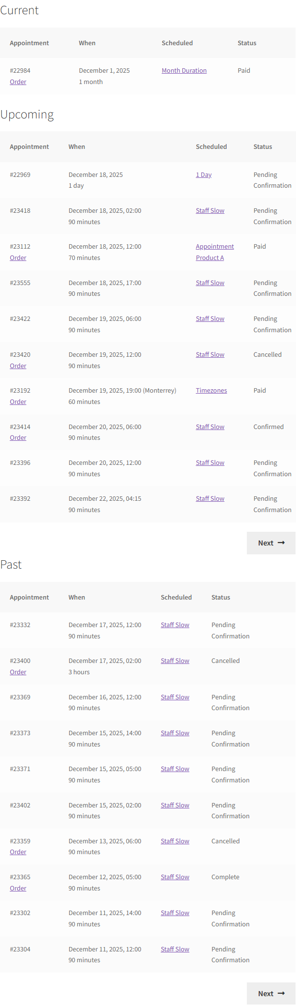 My Account appointments