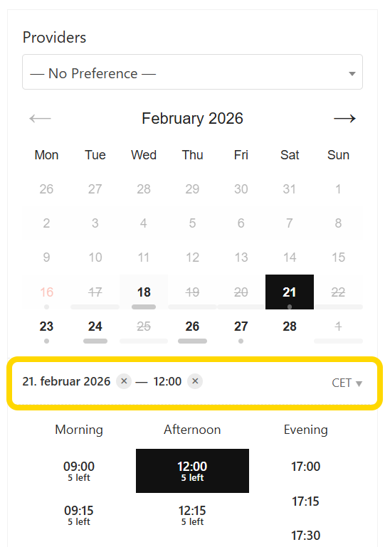 Appointment form selection info