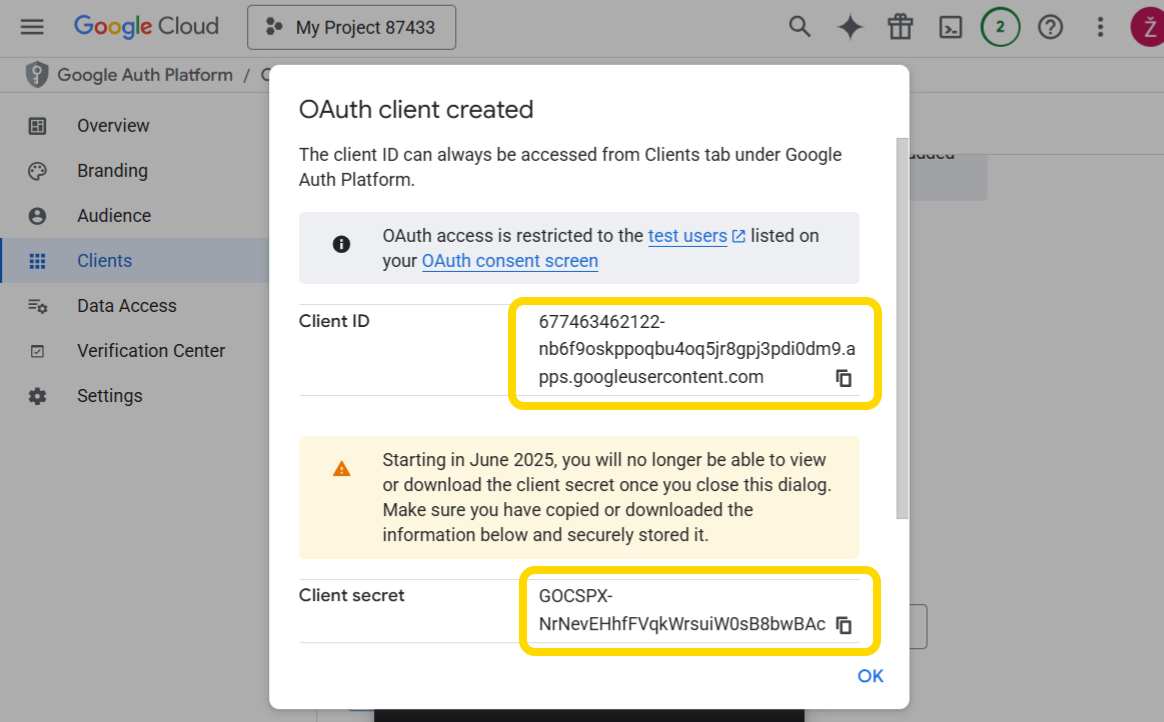 OAuth Credentials Created
