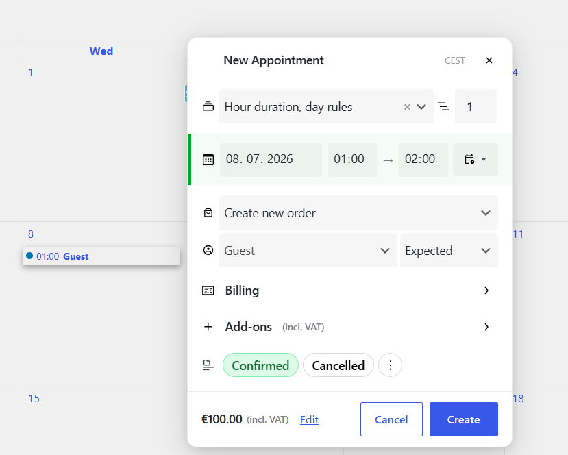 Admin panel — create mode