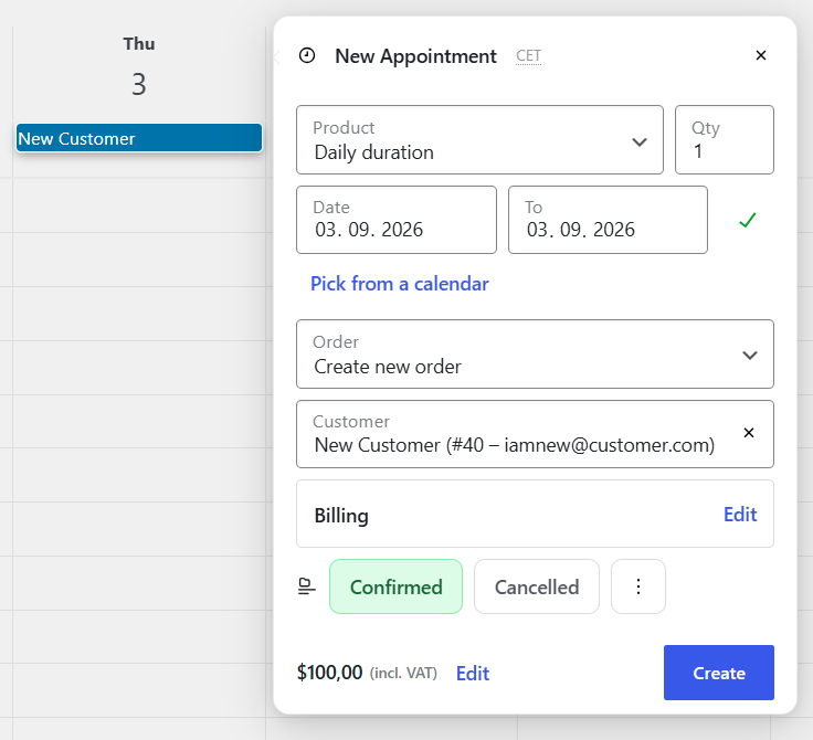 Create appointment in panel