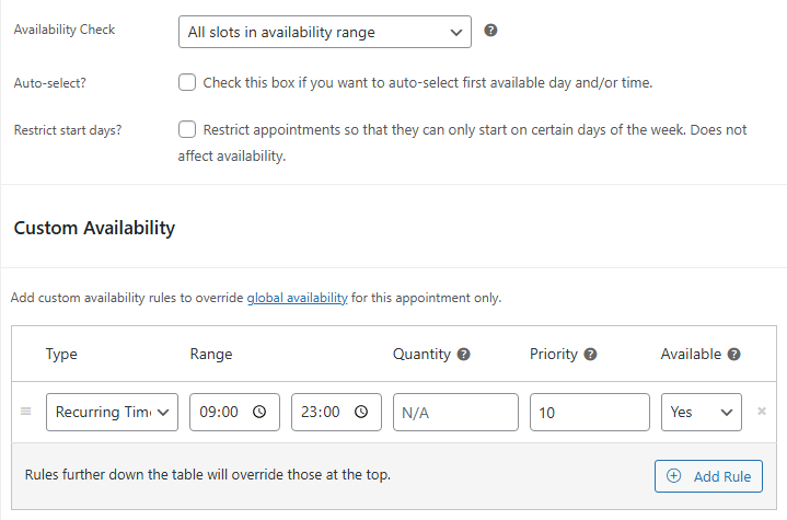 Availability settings
