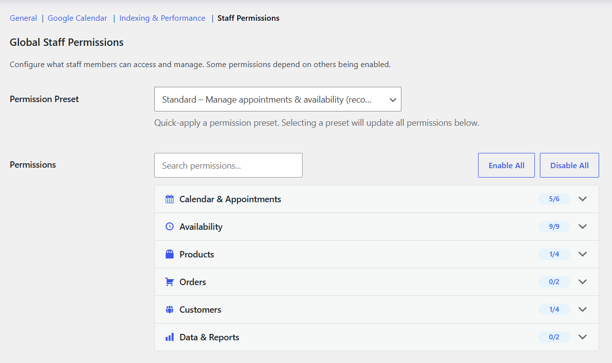 Staff Permissions Settings