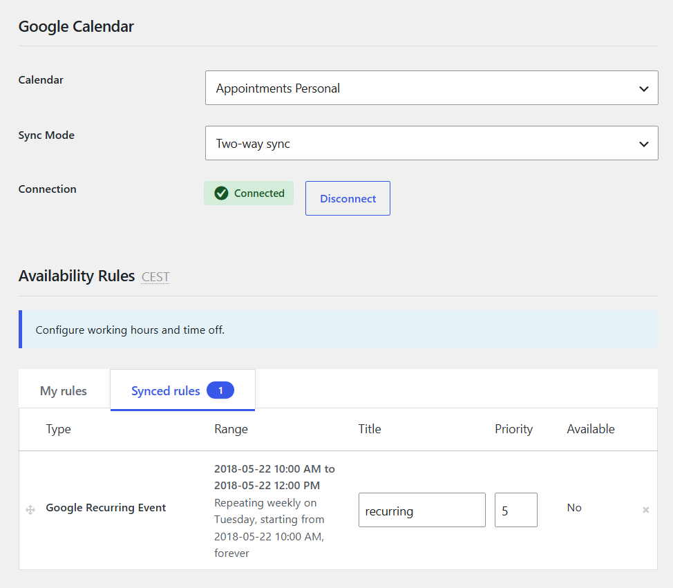 Staff Google Calendar sync
