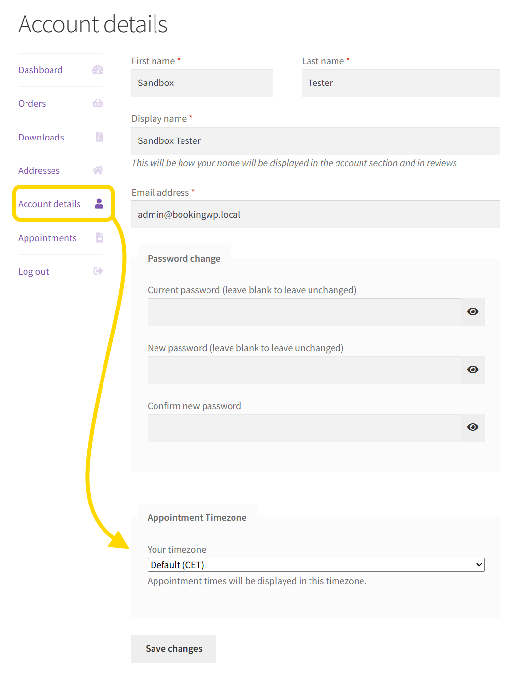 My Account appointment timezone display